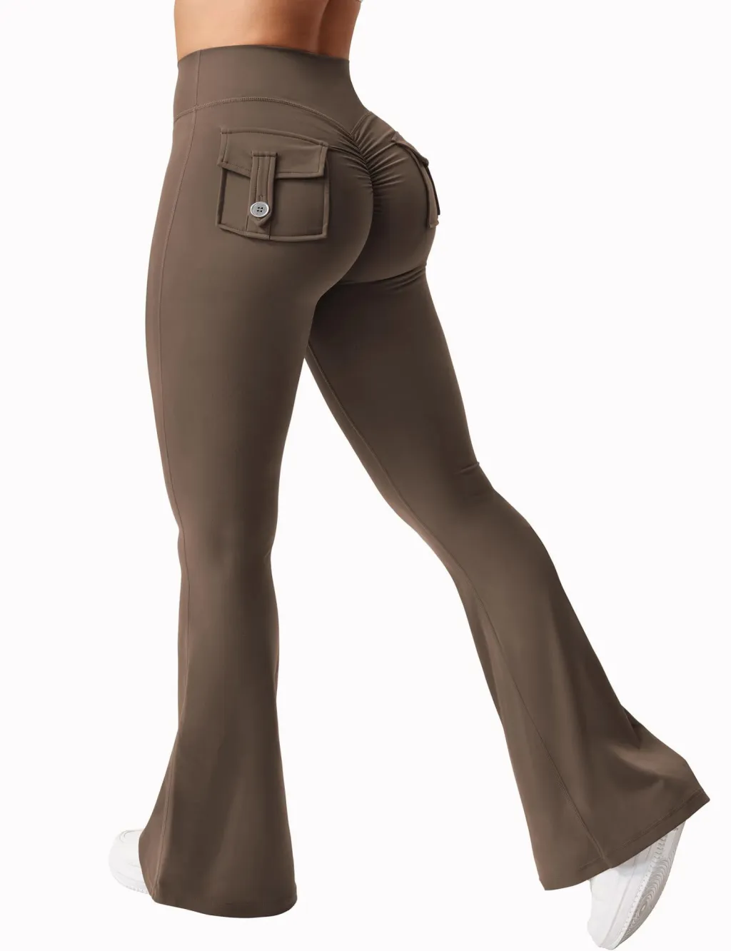 Cargo Pocket Pants Elastic High Waist Fitness Pants - Brown