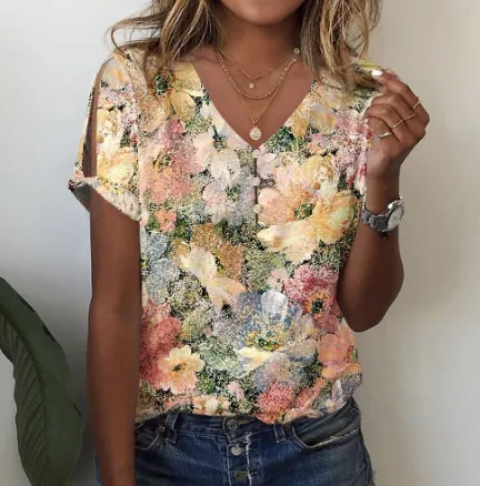 Summer Ethnic Style Printed Short-sleeved Top Women's T-shirt - Zhdxtx24613