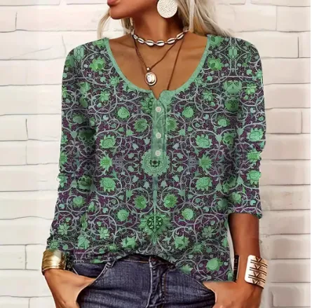 Women's Casual Loose Long Sleeve Flower Mang U Neck Button T-Shirt - Green