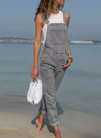 Women's solid color denim overalls - Grey