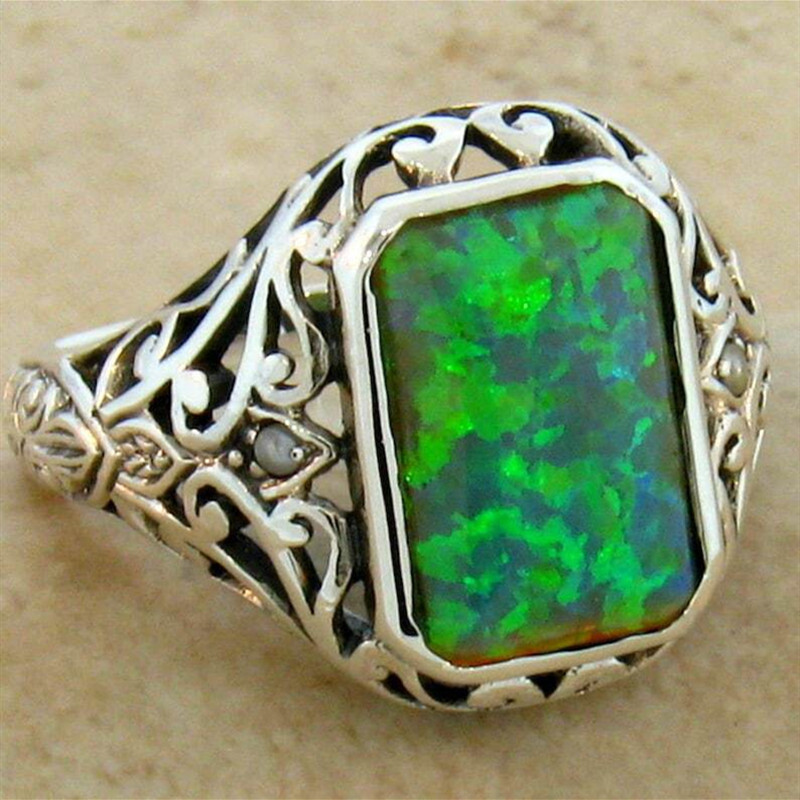 Square Green Ancient Silver Wedding Ring For Women
