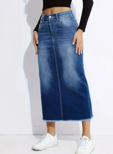 Women's Retro High Waist Raw Hem Denim Skirt Blue A - Shop at LoveMi
