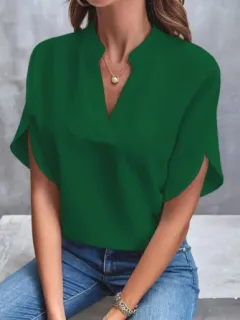 Summer Short-sleeved Chiffon Shirt New V-neck Shirt Women's Casual Versatile Clothing - Green - View 1