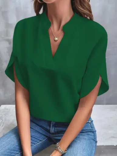 Summer Short sleeved Chiffon Shirt New V neck Shirt Women's Casual Versatile Clothing Green - Shop at LoveMi