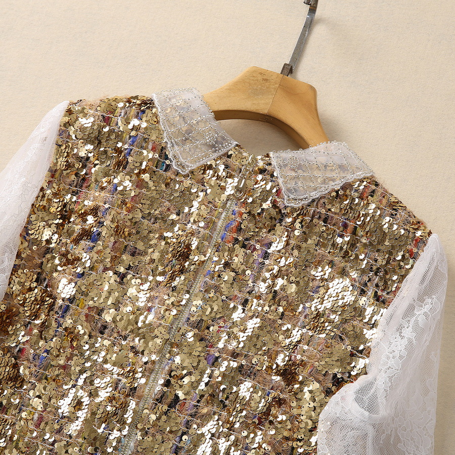Double-layer Collar Pearl Buckle Sequin Stitching Long Sleeve Dress - Image 6