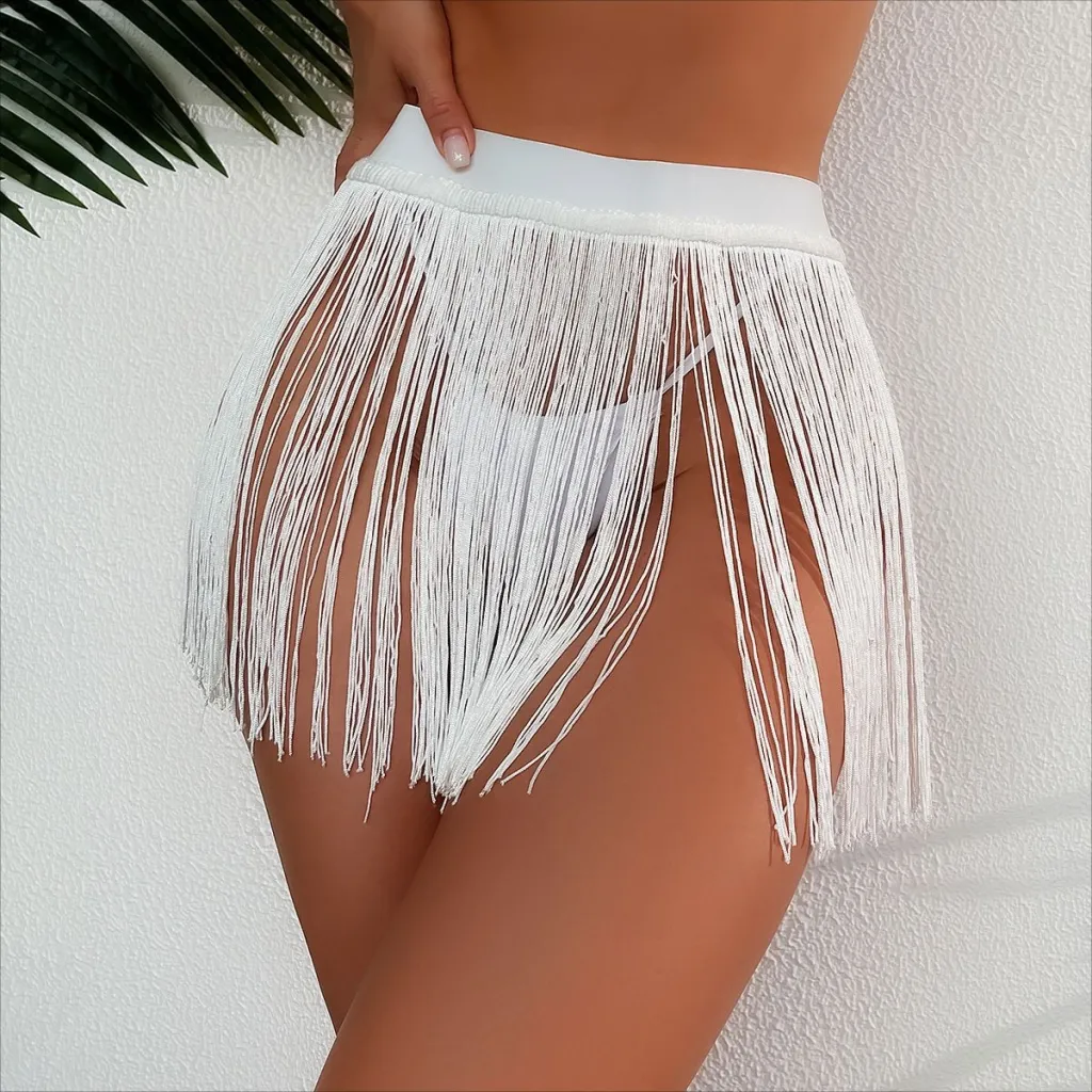 Beach Tassel Little Short Dress Bikini Vacation Swimsuit Half-length Overskirt - White