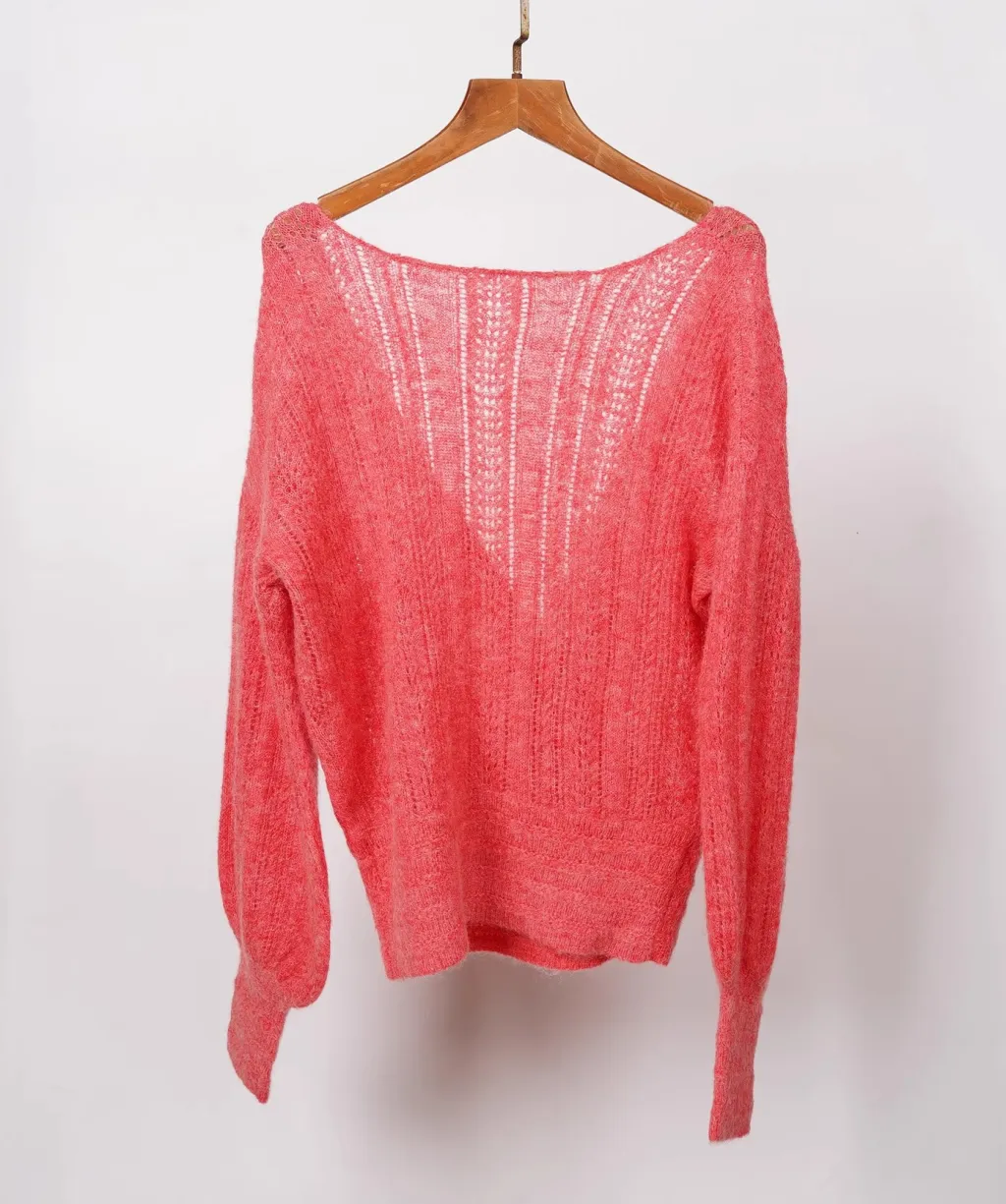Crocheted Hollow Out V-neck Cross Bandage Dress French High Waist Pullover Sweater - Magenta