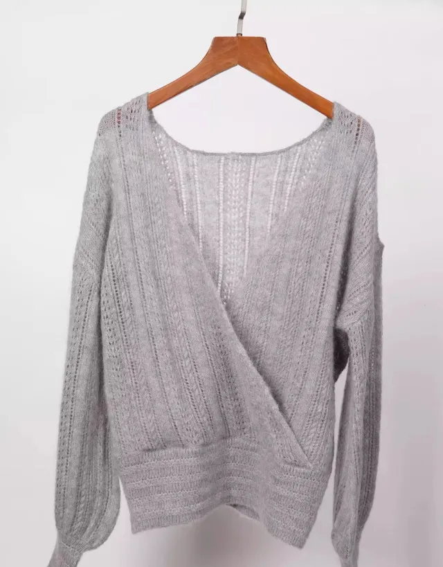 Crocheted Hollow Out V neck Cross Bandage Dress French High Waist Pullover Sweater Gray - Shop at LoveMi