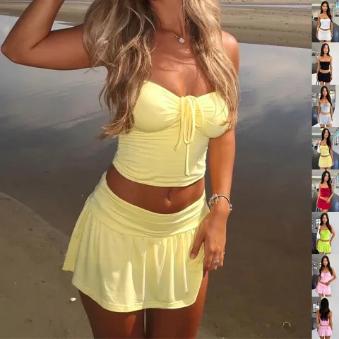 Women's Suits Summer Sleeveless Tube Top and Pleating Skirt