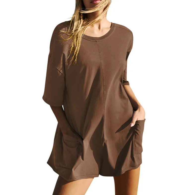 Women's Loose Short-sleeved Shorts Jumpsuit Summer Casual Backless Beach Overall Pants With Pockets - Coffee