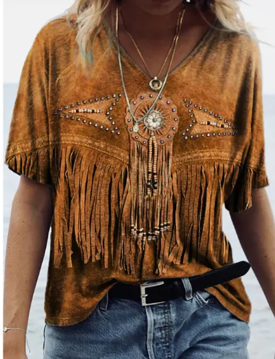 Fashion Trend All Match Digital Abstract Printing Loose V Neck Short Sleeved T Shirt Lypv008 - Shop at LoveMi