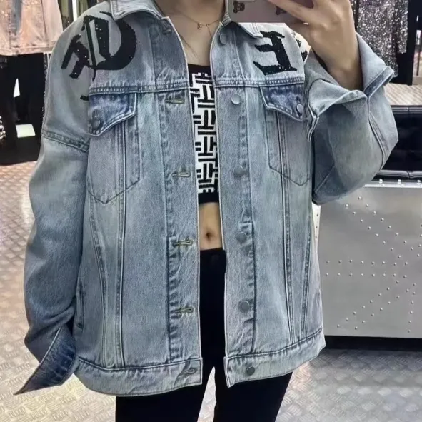 Rhinestone Back Leopard Jacket Denim Coat - Leopard