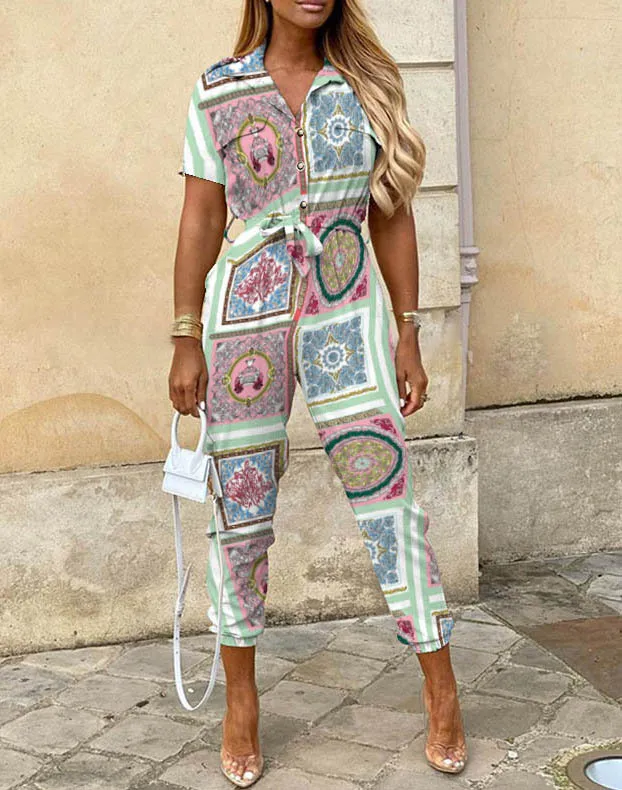 Women's Clothing Lapel Print Cargo Overalls Color - Shop at LoveMi