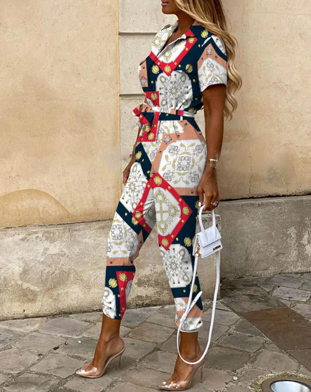Women's Clothing Lapel Print Cargo Overalls Red White Purplish Blue - Shop at LoveMi