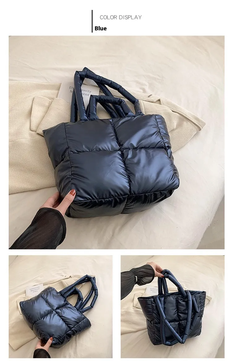 Simple Shoulder Bag Down Cotton Jacket Bag - Blue
