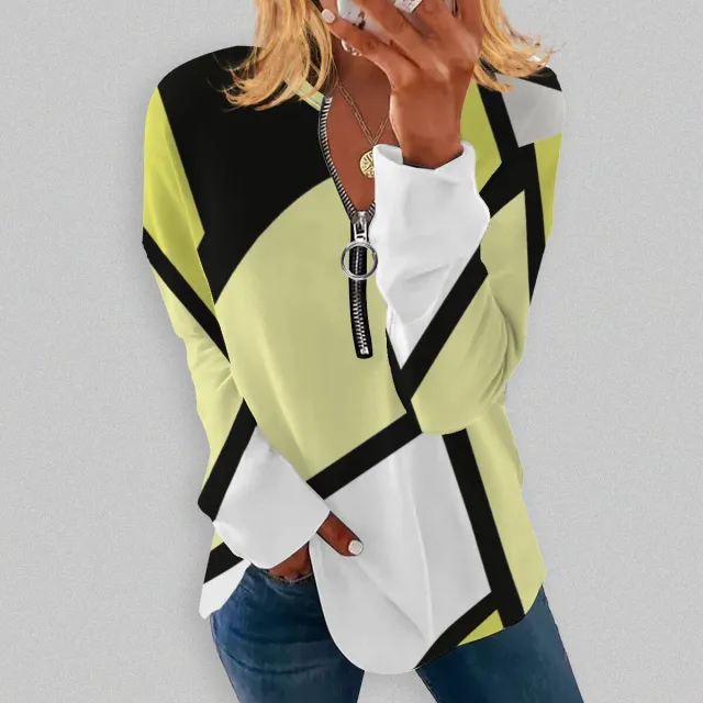 RETRO Geometric Printed Round Neck Long sleeve T shirt Long sleeve Zipper 9Color L - Shop at LoveMi