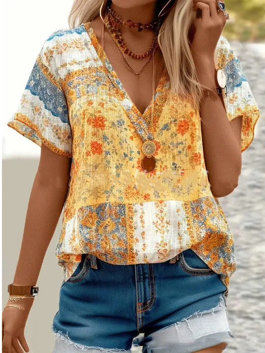 Women's Clothing V neck Printed Short sleeved T shirt Yellow - Shop at LoveMi