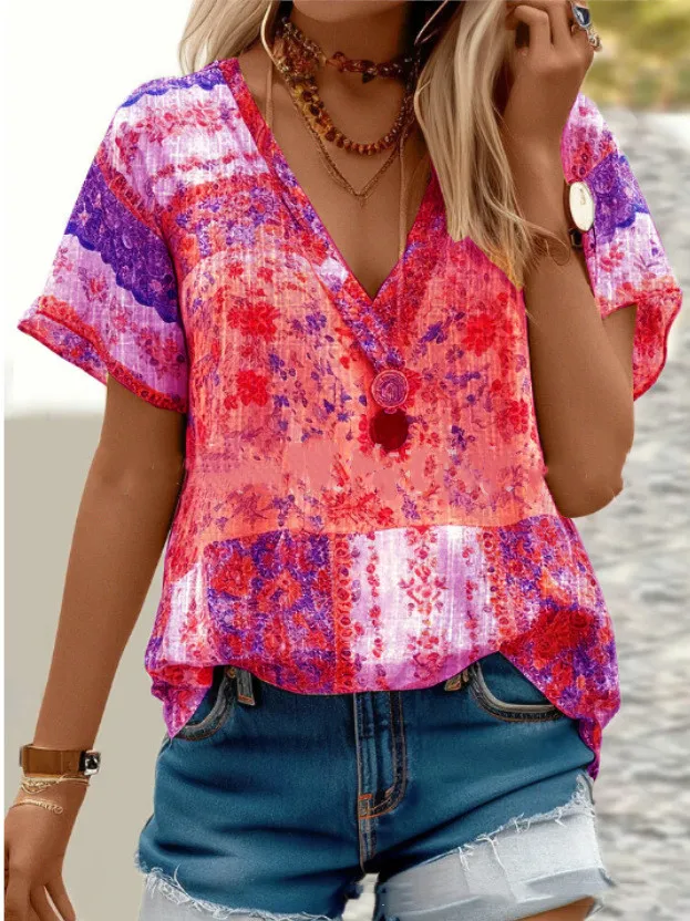 Women's Clothing V neck Printed Short sleeved T shirt Red - Shop at LoveMi