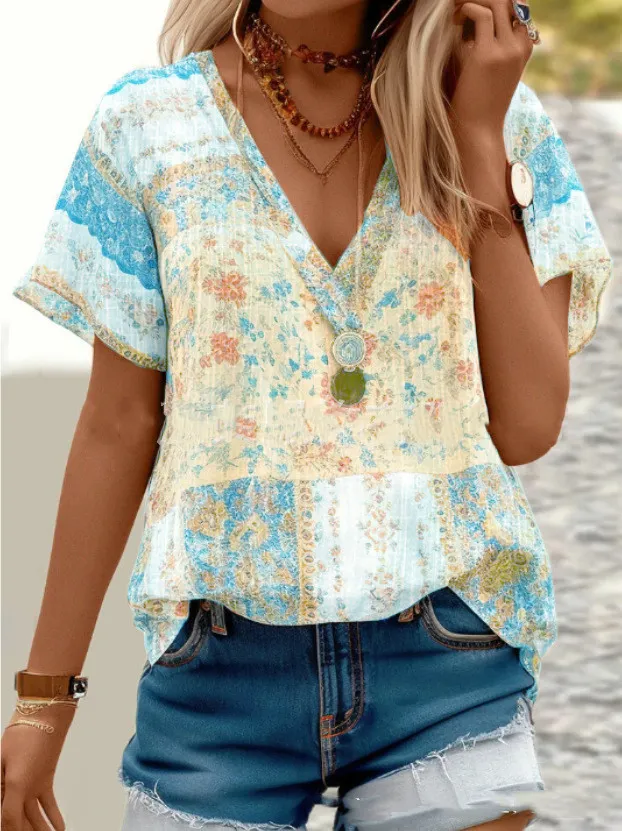 Women's Clothing V neck Printed Short sleeved T shirt Light Blue - Shop at LoveMi