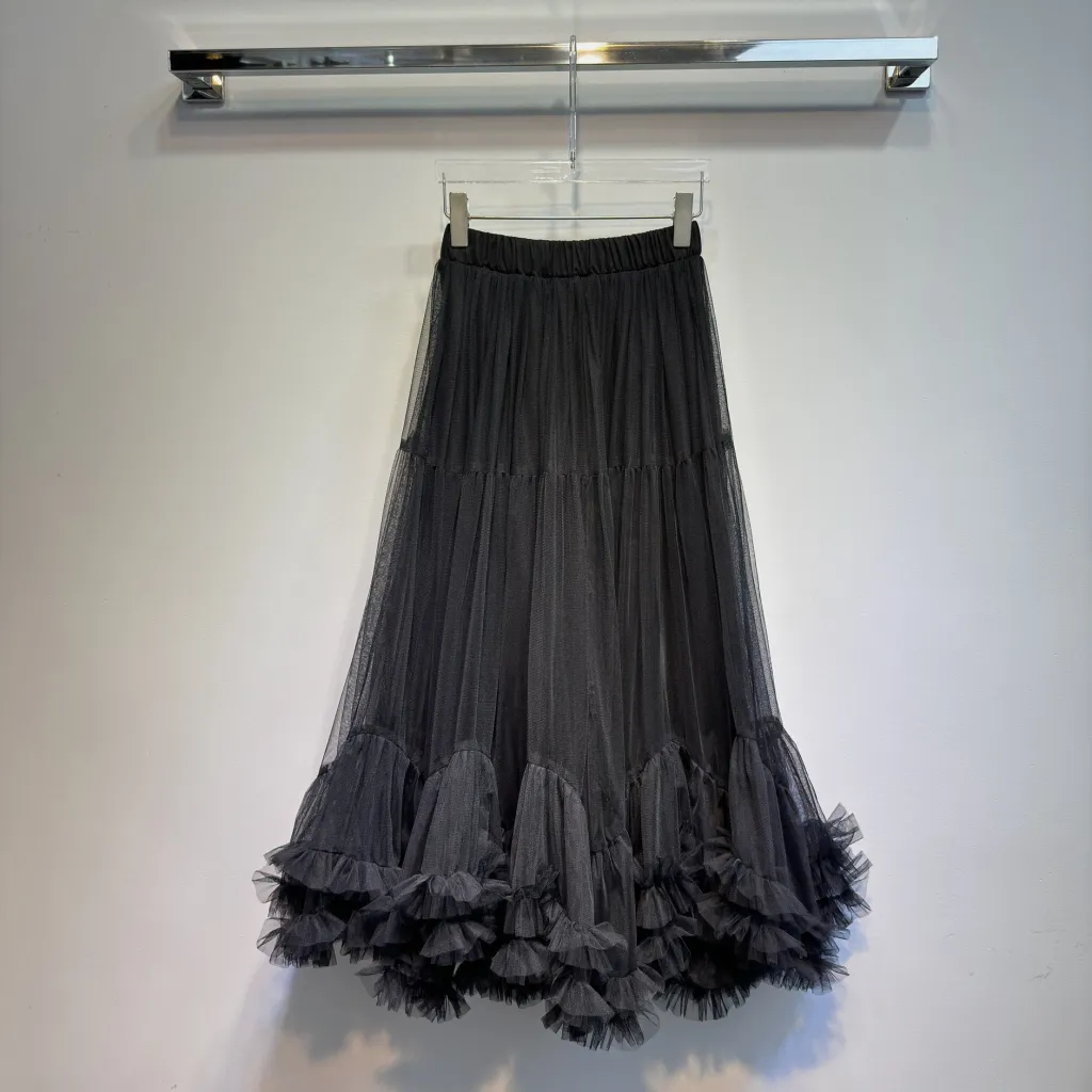 Mesh Oversized Puffy Swing Elastic Waist Skirt - Black