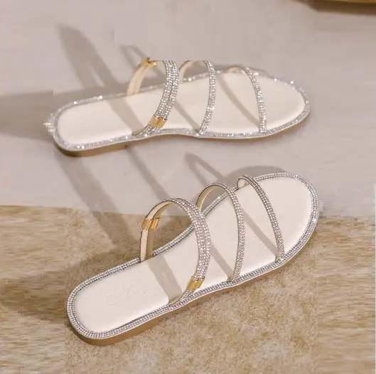 Rhinestone Flat Sandals for Women Open Toe Slip-On Casual Slides