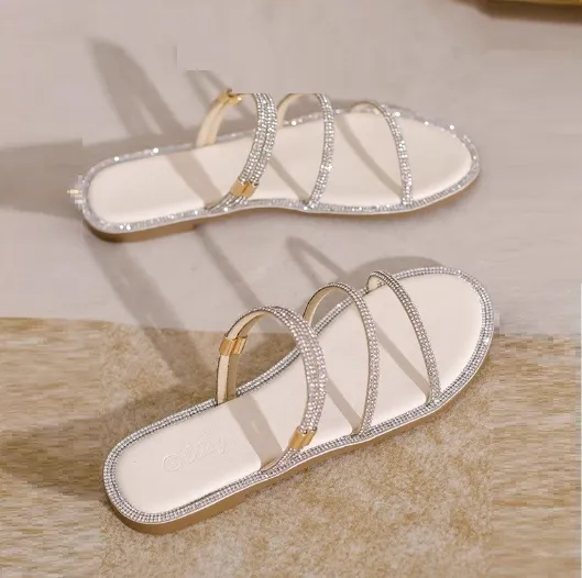 Of Shoes Uses Casual Fashion Outerwear Flat Bottom Rhinestone Sandals - Apricot