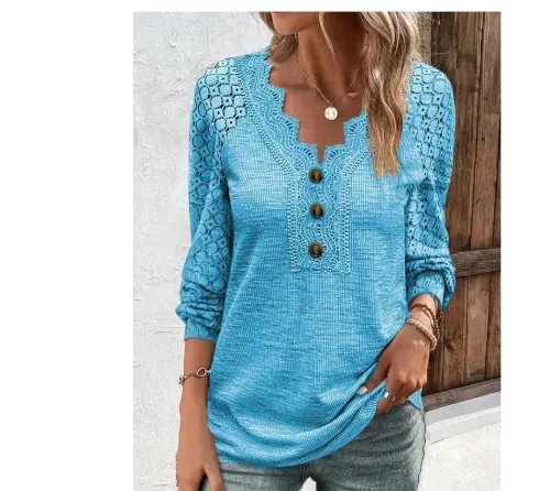 Casual Solid Color Lace V-neck Patchwork Top T-shirt With Short Sleeves - Blue2.