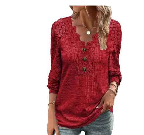 Casual Solid Color Lace V neck Patchwork Top T shirt With Short Sleeves Red2. - Shop at LoveMi