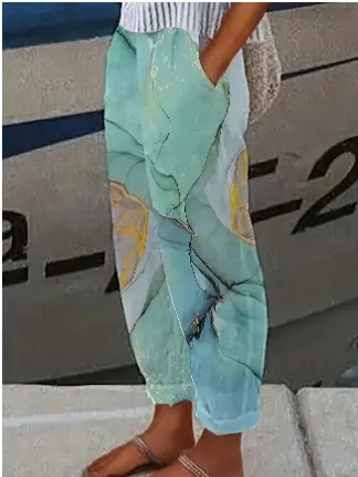 Loose Cotton Linen Pocket Print Casual Women's Pants