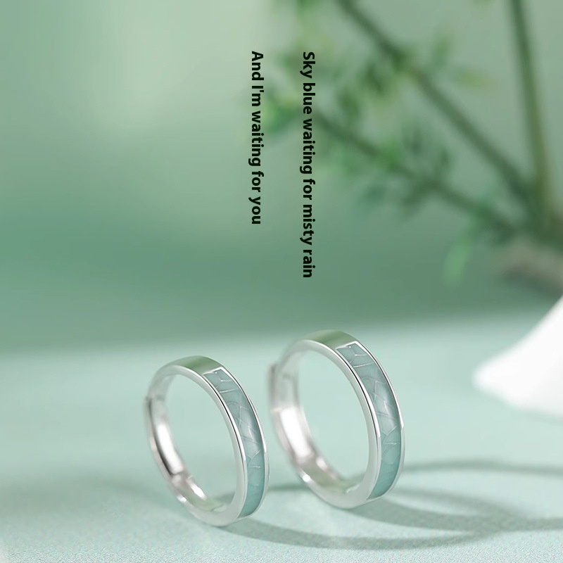 Blue And White Porcelain S925 Sterling Silver Couple's Ring Pair Special-interest Design High-grade Opening