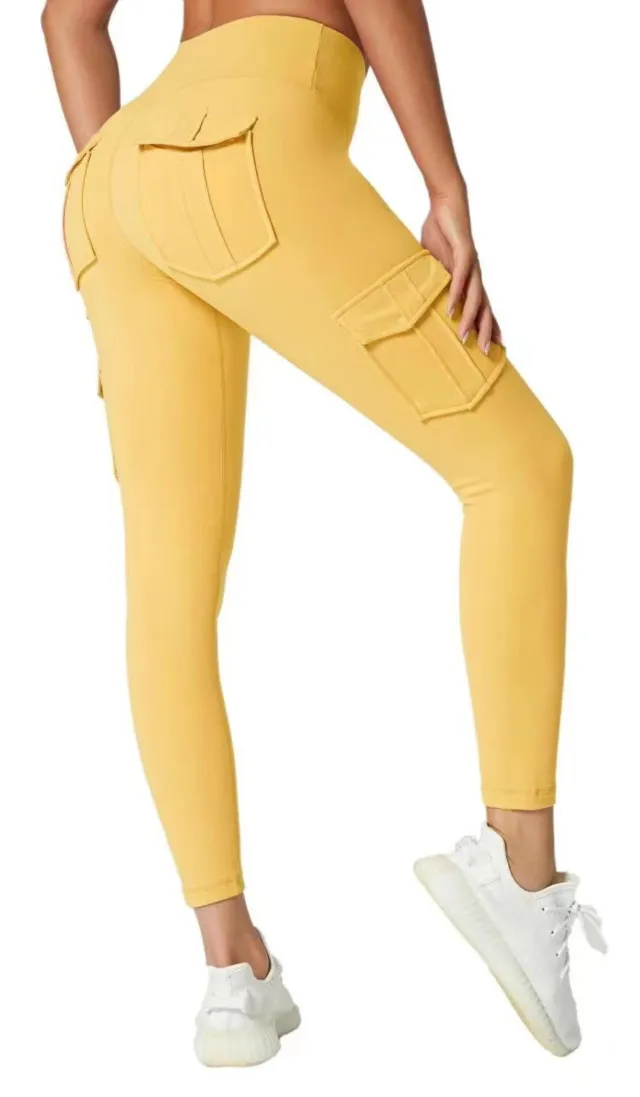 Multi pocket pants women overalls stitching tight fitting sports running fitness yoga pants Yellow - Shop at LoveMi