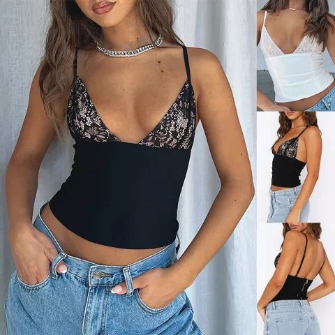 Women's V-neck Camisole Lace Vest with Back Zipper Design