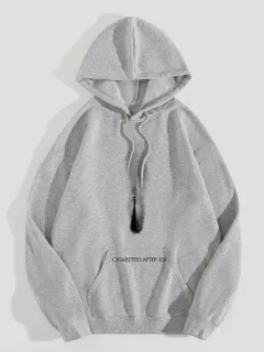 Women's Fleece-lined Letter Print Kangaroo Pocket Drawstring Printed Hoodie - Gray - View 1