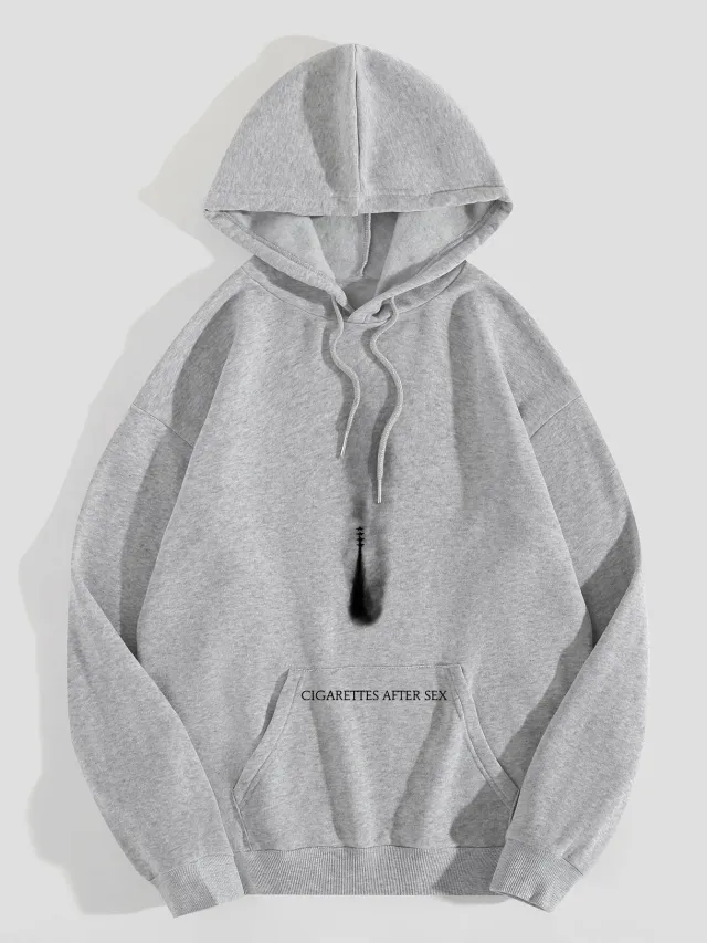 Women's Fleece lined Letter Print Kangaroo Pocket Drawstring Printed Hoodie Gray - Shop at LoveMi