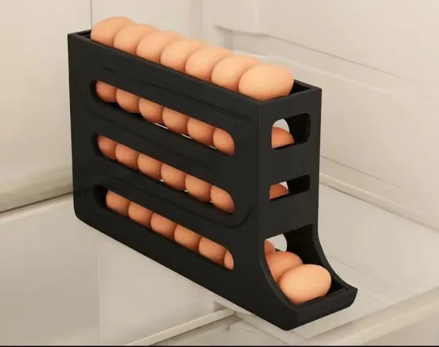 Refrigerator 4-Layer Automatic Egg Roller Sliding Egg Tray Refrigerator Side Door Large Capacity Holder Egg Storage Box Kitchen Gadgets - Black