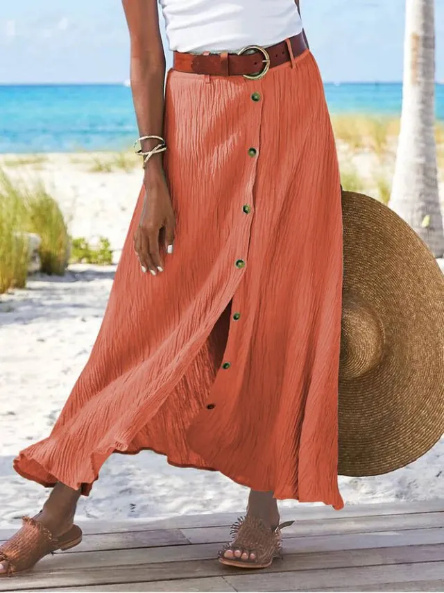 Women's Fashion Cotton Linen A Line Hip Mid Waist Long Skirt Orange2 - Shop at LoveMi