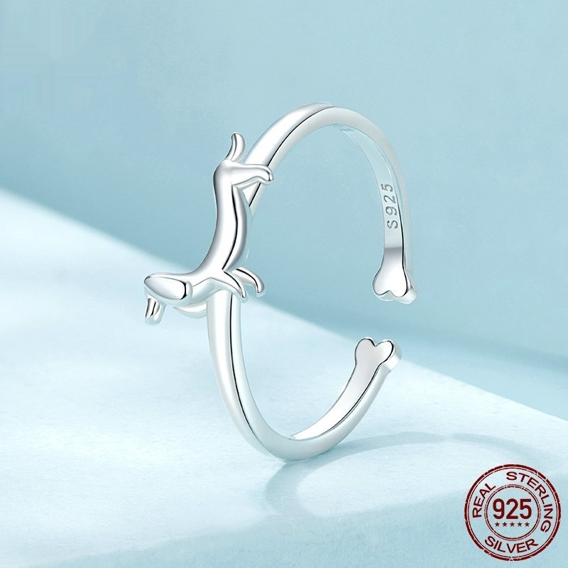 Women's Cute Sausage Dog Open Ring S925 Sterling Silver Adjustable Animal Ring Ornament