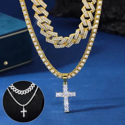 Zircon Cross Pendant Necklace Hip Hop Full Miami Curb