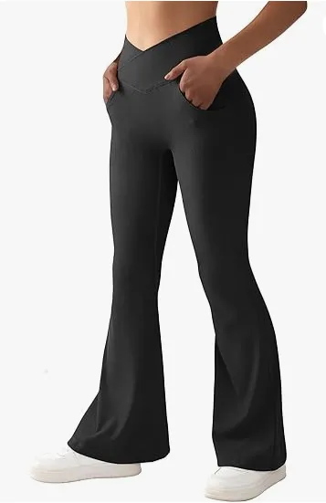 Women's Rib Cross Yoga Belt Pocket High Waist Flared Pants Black - Shop at LoveMi