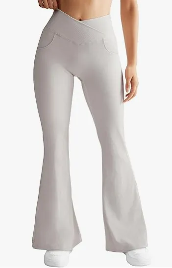 Women's Rib Cross Yoga Belt Pocket High Waist Flared Pants - White