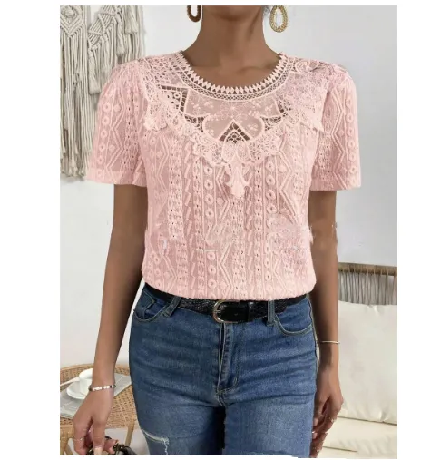 Lace Ruffled Short Sleeves T shirt Loose All matching Top Pink - Shop at LoveMi
