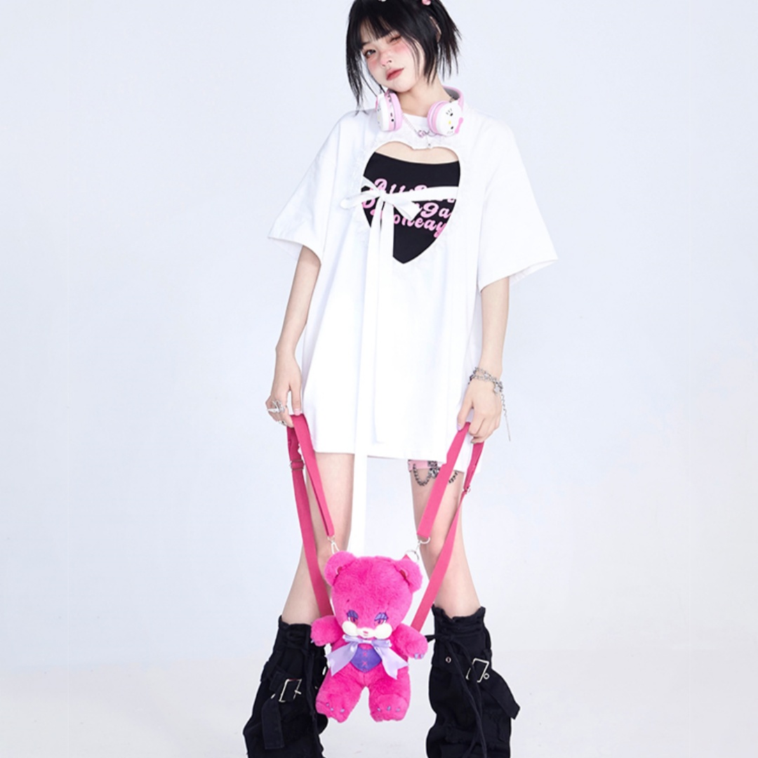 Women Wear Sweet And Cool Heart Hollowed Out Straps With Short Sleeves