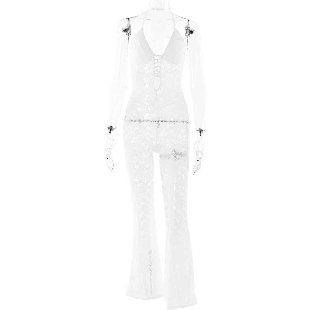 Hollow-out Lace See-through Backless Halter Slim-fit One-piece Trousers - White