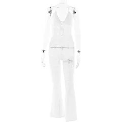 Hollow-out Lace See-through Backless Halter Slim-fit One-piece Trousers - White - View 1