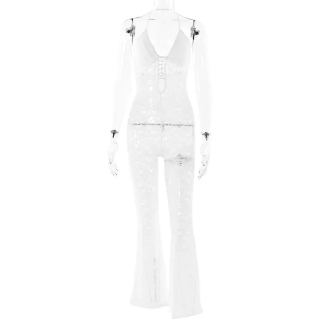 Hollow out Lace See through Backless Halter Slim fit One piece Trousers White - Shop at LoveMi