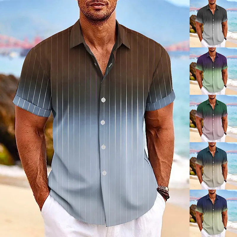 Lapel Button Short-sleeved Shirt Summer Fashion Gradient Striped Print