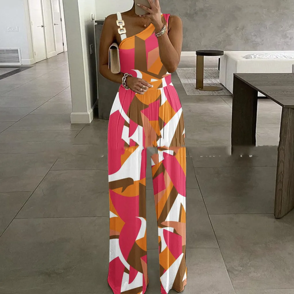 Women's Metal Buckle Vest Top High Waist Wide Leg Jumpsuit - 5 Style-M