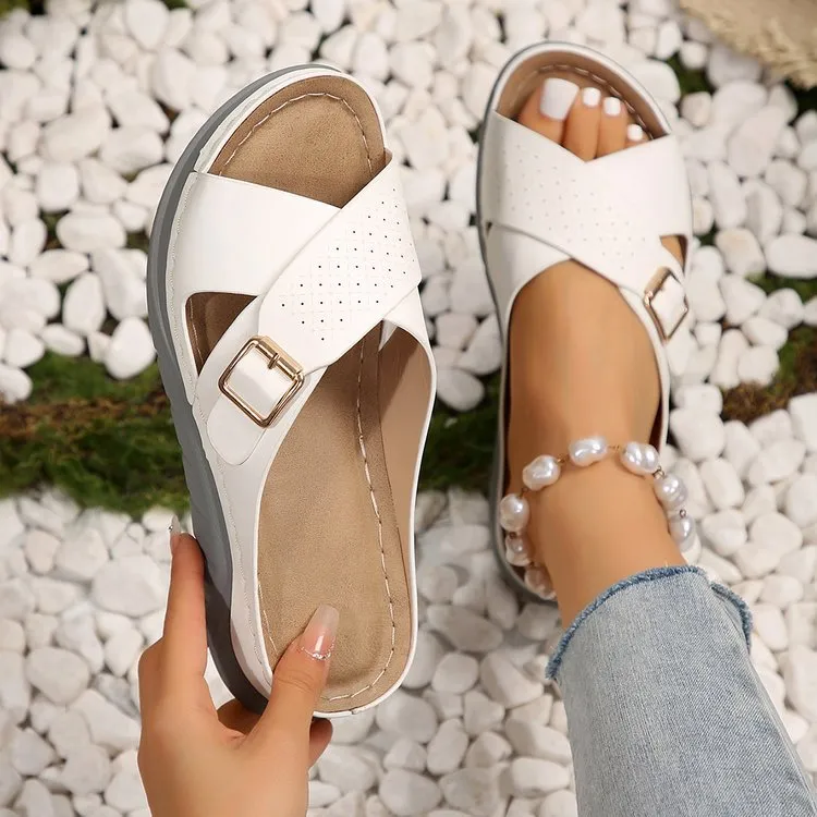 New Buckle Cross-design Slippers Summer Wedges Sandals Fashion Women's Beach Shoes - White