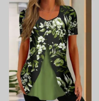 Summer New Women's Round Neck Printed Fake Two Pieces Short Sleeve Shawl Pullover T-shirt Tops - Green A
