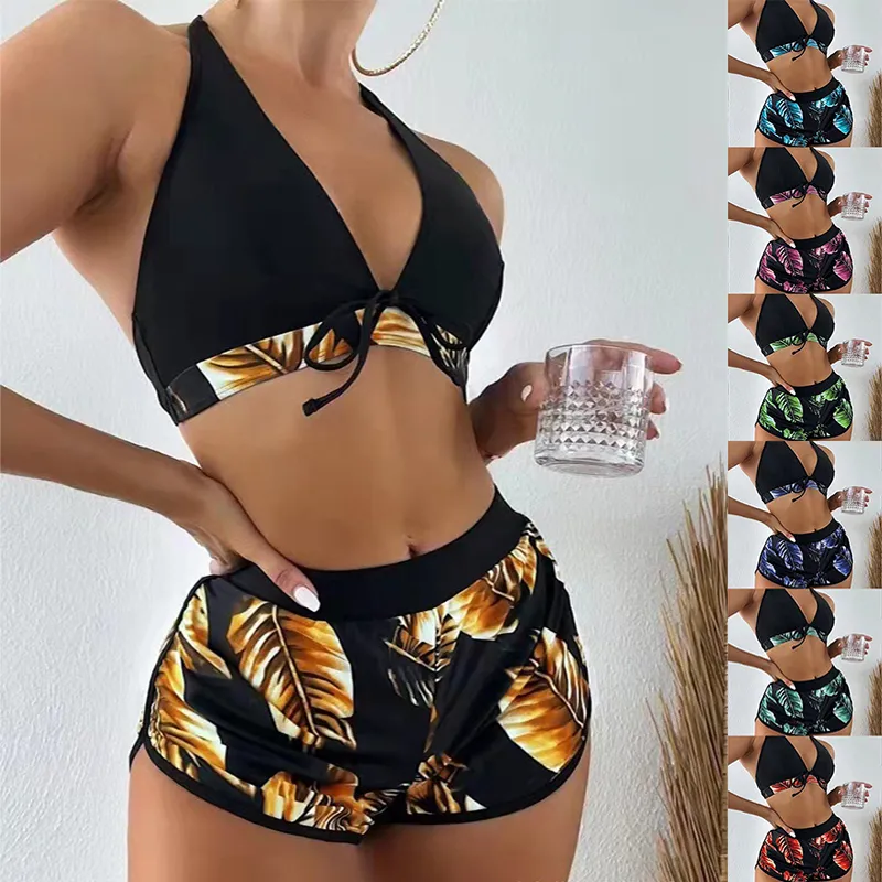 3pcs Leaf Print Bikini with Shorts Fashion Summer Beach
